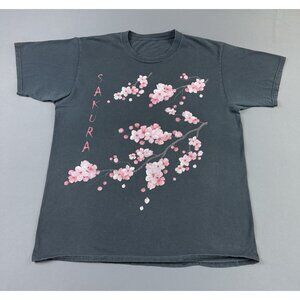 Rare Vintage Y2K Sakura Cherry Blossom Flower Japan Black Shirt Sun Fade Large T